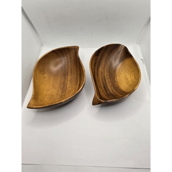 Vintage Monkey Pod Hardwood Hawaii Hand Carved Bowl Leaf 1950s Pair - Picture 1 of 10